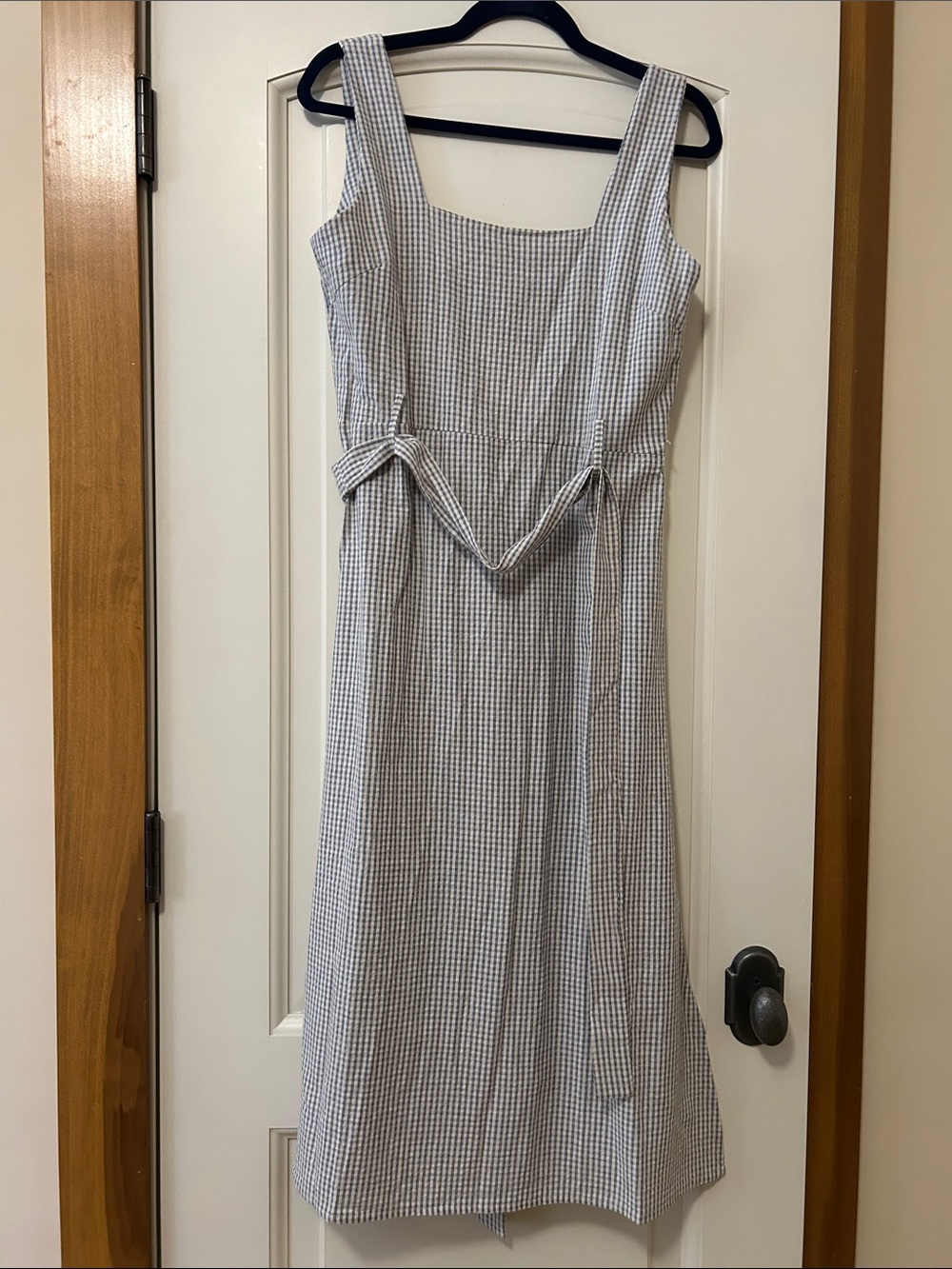 Gingham Square-Neck Midi Dress in Light Blue and White